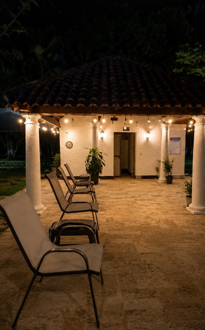 The tiled kiosk with loungers, lit at night