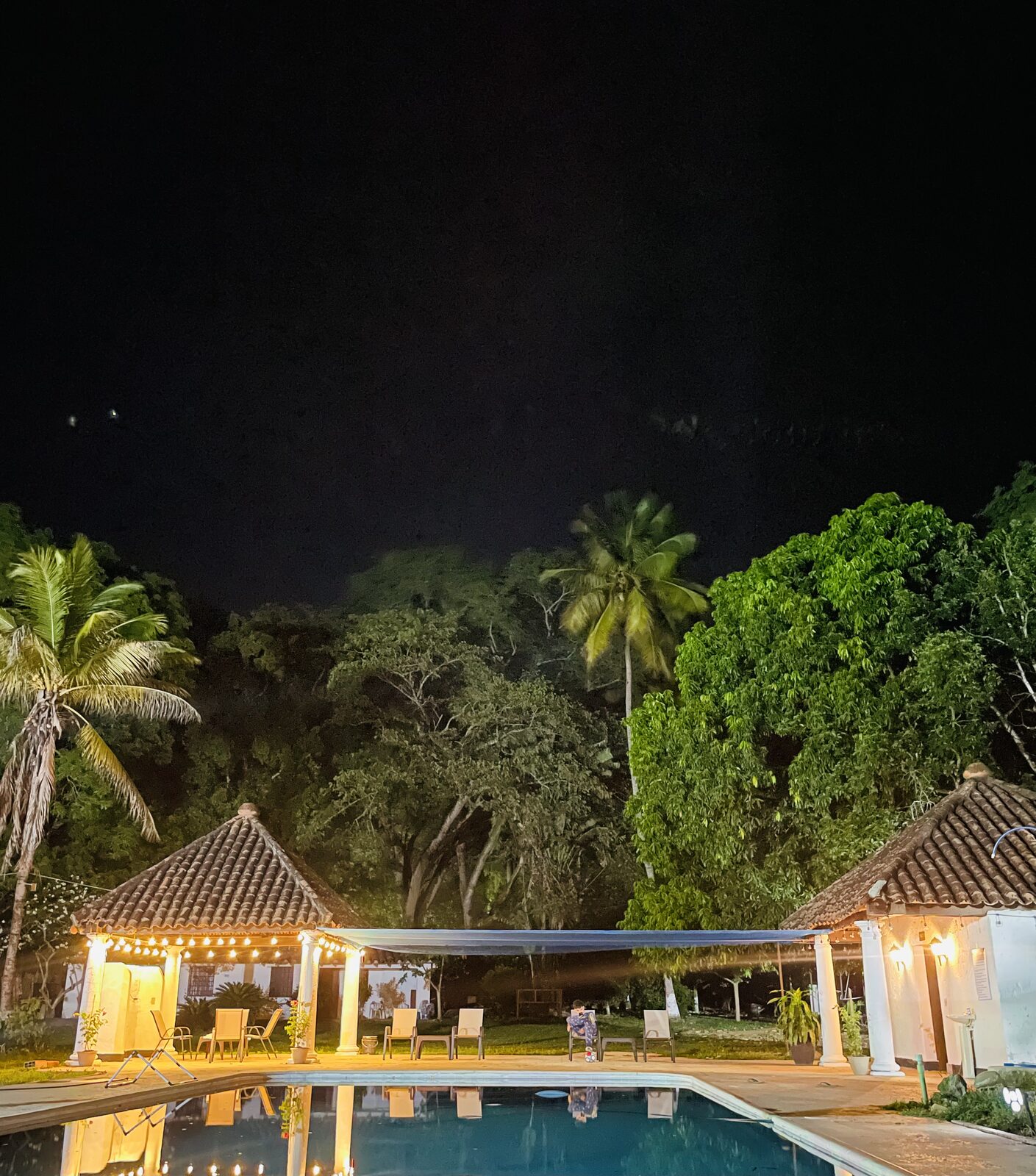 The pool at night among palms and trees, with the kiosk lights on